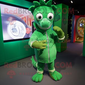 Green Seahorse mascot costume character dressed with a Parka and Smartwatches