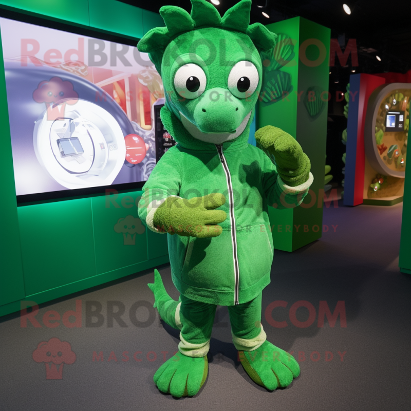 Green Seahorse mascot costume character dressed with a Parka and Smartwatches