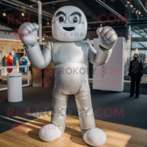 Silver Boxing Glove mascot costume character dressed with a Bodysuit and Mittens