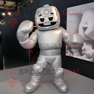 Silver Boxing Glove mascot costume character dressed with a Bodysuit and Mittens