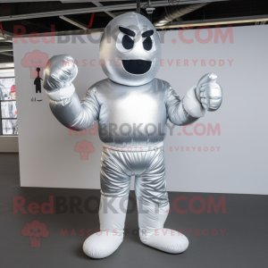 Silver Boxing Glove mascot costume character dressed with a Bodysuit and Mittens