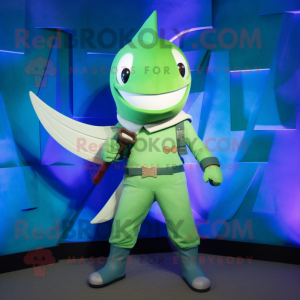 Green Swordfish mascot costume character dressed with a Bootcut Jeans and Digital watches
