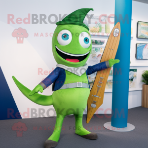 Green Swordfish mascot costume character dressed with a Bootcut Jeans and Digital watches