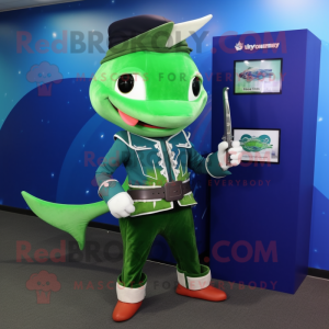 Green Swordfish mascot costume character dressed with a Bootcut Jeans and Digital watches