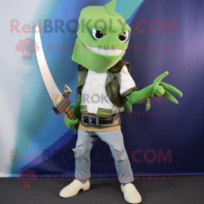 Green Swordfish mascot costume character dressed with a Bootcut Jeans and Digital watches