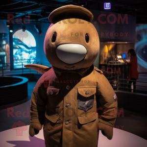 Brown Narwhal mascot costume character dressed with a Jacket and Berets