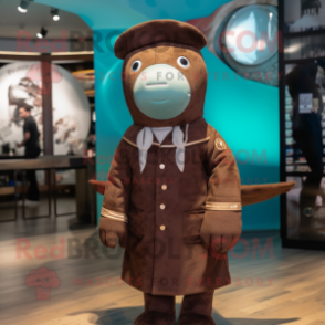 Brown Narwhal mascot costume character dressed with a Jacket and Berets