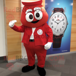 Red Wrist Watch mascot costume character dressed with a Dress Pants and Pocket squares