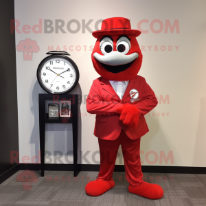 Red Wrist Watch mascot costume character dressed with a Dress Pants and Pocket squares