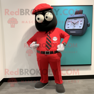 Red Wrist Watch mascot costume character dressed with a Dress Pants and Pocket squares