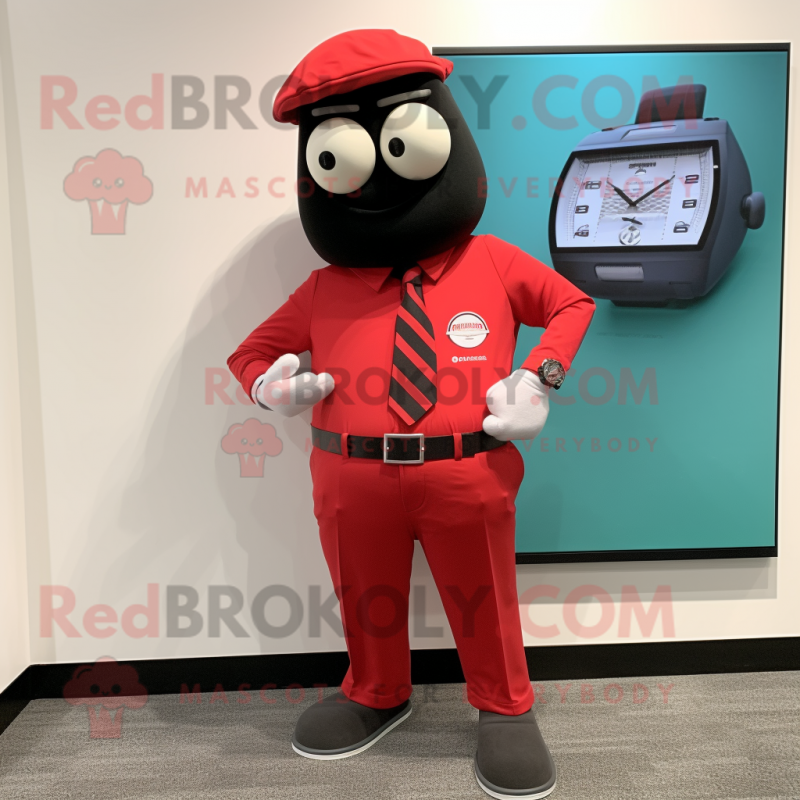 Red Wrist Watch mascot costume character dressed with a Dress Pants and Pocket squares Red Wrist Watch mascot costume character dressed with a Dress Pants and Pocket squares