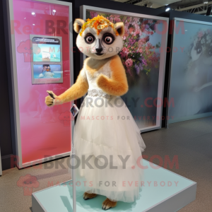 Peach Lemur mascot costume character dressed with a Wedding Dress and Anklets