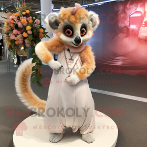 Peach Lemur mascot costume character dressed with a Wedding Dress and Anklets