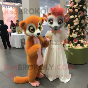 Peach Lemur mascot costume character dressed with a Wedding Dress and Anklets