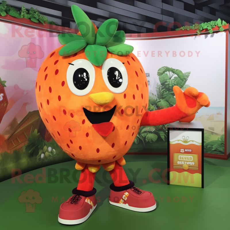 Orange Strawberry mascot costume character dressed with a Tank Top and Bracelets Orange Strawberry mascot costume character dressed with a Tank Top and Bracelets