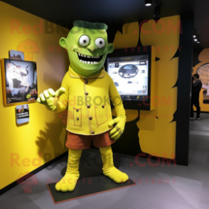 Yellow Frankenstein mascot costume character dressed with a Dress Pants and Earrings