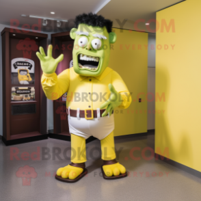 Yellow Frankenstein mascot costume character dressed with a Dress Pants and Earrings