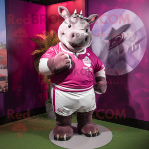 Magenta Rhinoceros mascot costume character dressed with a Rugby Shirt and Necklaces