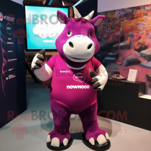 Magenta Rhinoceros mascot costume character dressed with a Rugby Shirt and Necklaces