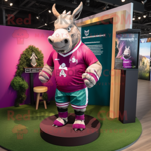 Magenta Rhinoceros mascot costume character dressed with a Rugby Shirt and Necklaces