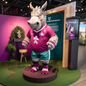 Magenta Rhinoceros mascot costume character dressed with a Rugby Shirt and Necklaces