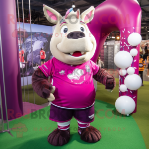 Magenta Rhinoceros mascot costume character dressed with a Rugby Shirt and Necklaces