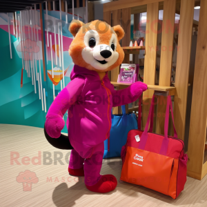 Magenta Marten mascot costume character dressed with a Swimwear and Tote bags