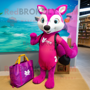 Magenta Marten mascot costume character dressed with a Swimwear and Tote bags