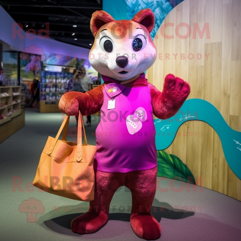 Magenta Marten mascot costume character dressed with a Swimwear and Tote bags