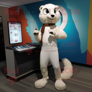 Cream Weasel mascot costume character dressed with a Leggings and Bracelet watches