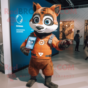 Rust Raccoon mascot costume character dressed with a Turtleneck and Smartwatches