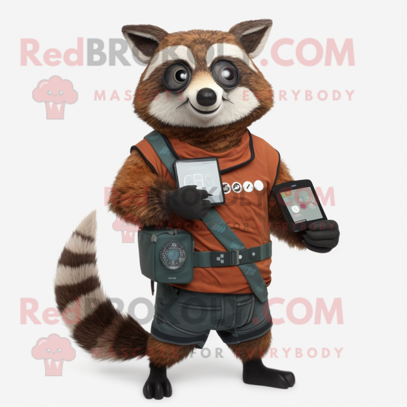 Rust Raccoon mascot costume character dressed with a Turtleneck and Smartwatches