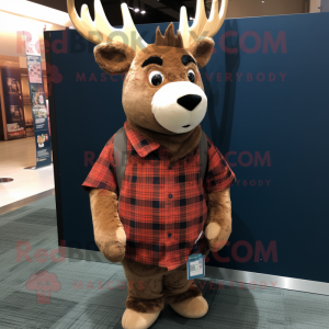Brown Deer mascot costume character dressed with a Flannel Shirt and Shawl pins