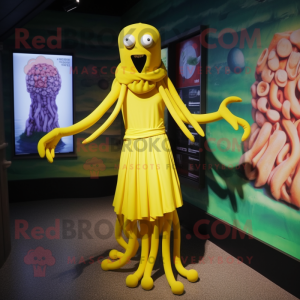 Yellow Medusa mascot costume character dressed with a Sheath Dress and Cufflinks