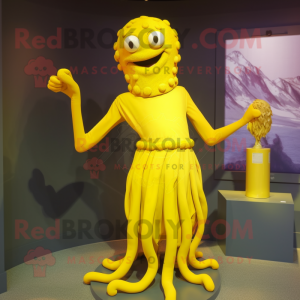 Yellow Medusa mascot costume character dressed with a Sheath Dress and Cufflinks