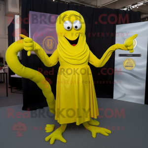 Yellow Medusa mascot costume character dressed with a Sheath Dress and Cufflinks
