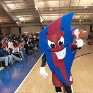 Very expressive red and blue lightning-shaped mascot -