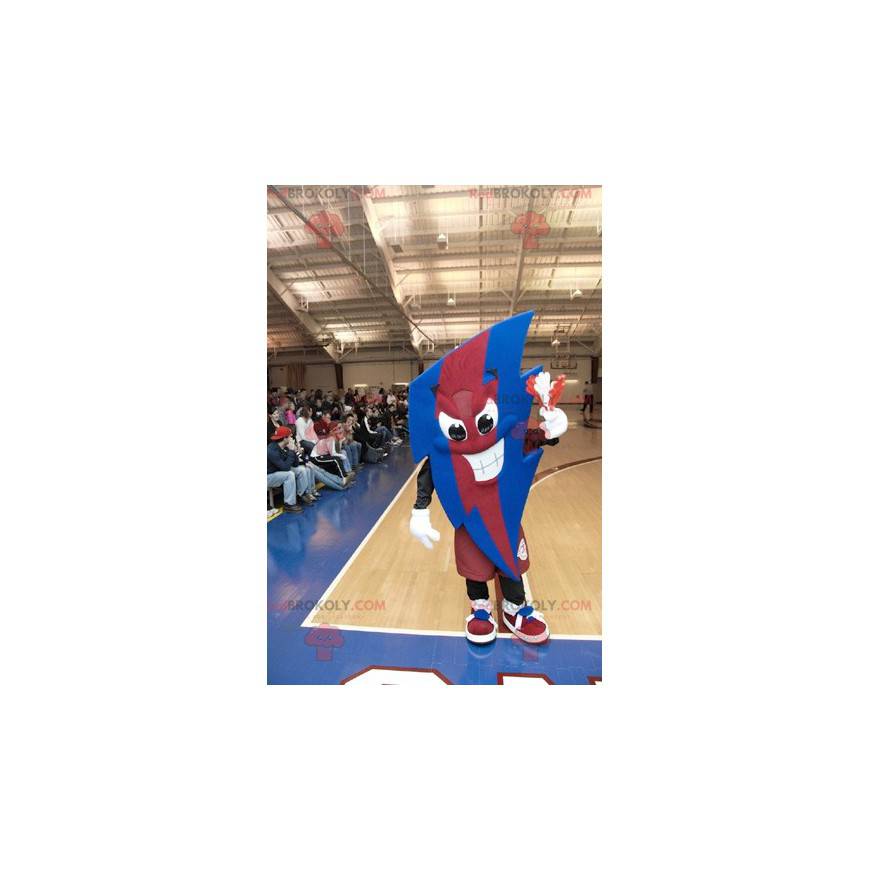 Very expressive red and blue lightning-shaped mascot -