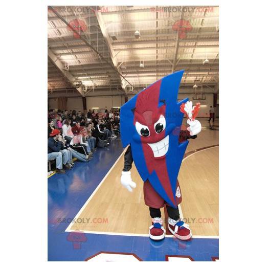 Very expressive red and blue lightning-shaped mascot -