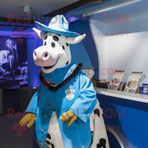 Blue Holstein Cow mascot costume character dressed with a Cover-up and Hats