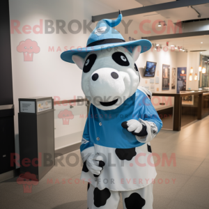 Blue Holstein Cow mascot costume character dressed with a Cover-up and Hats