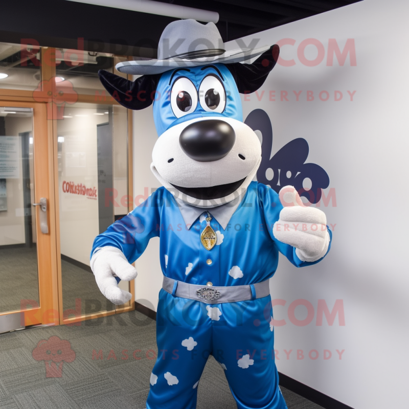 Blue Holstein Cow mascot costume character dressed with a Cover-up and Hats Blue Holstein Cow mascot costume character dressed with a Cover-up and Hats