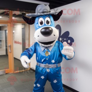 Blue Holstein Cow mascot costume character dressed with a Cover-up and Hats