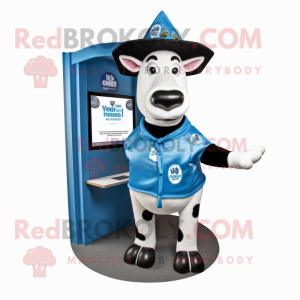 Blue Holstein Cow mascot costume character dressed with a Cover-up and Hats