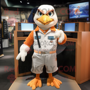 Peach Eagle mascot costume character dressed with a Overalls and Bracelets