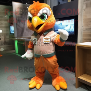 Peach Eagle mascot costume character dressed with a Overalls and Bracelets