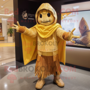 Gold Scarecrow mascot costume character dressed with a Jeggings and Shawls