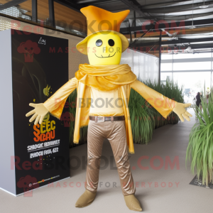 Gold Scarecrow mascot costume character dressed with a Jeggings and Shawls