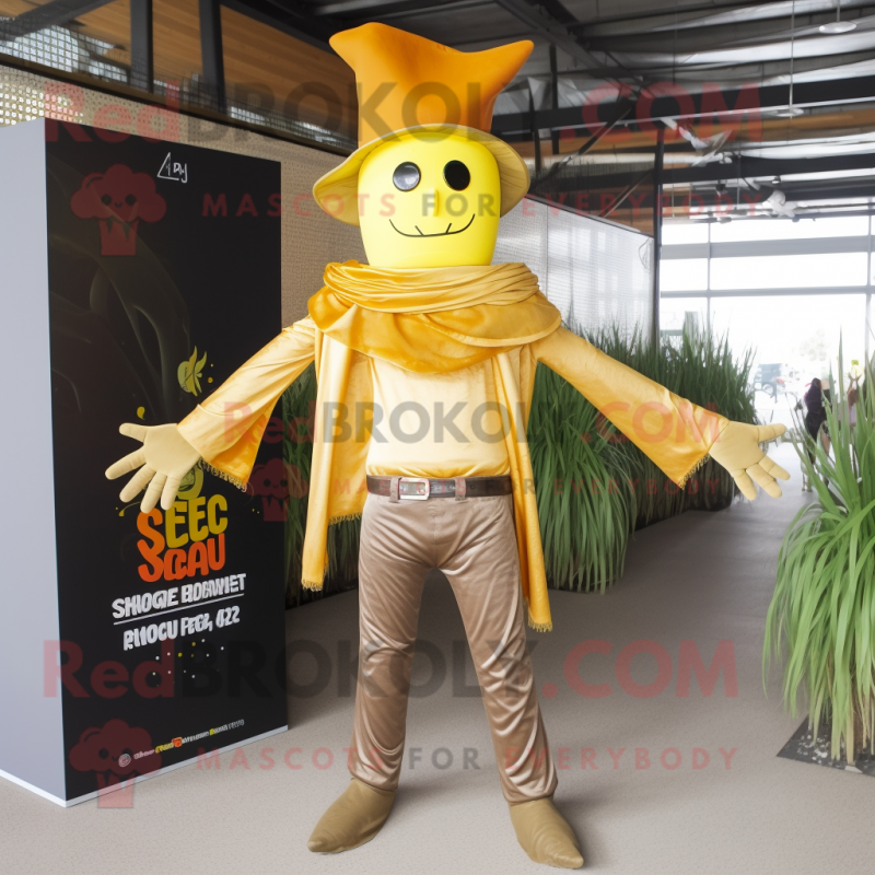 Gold Scarecrow mascot costume character dressed with a Jeggings and Shawls Gold Scarecrow mascot costume character dressed with a Jeggings and Shawls
