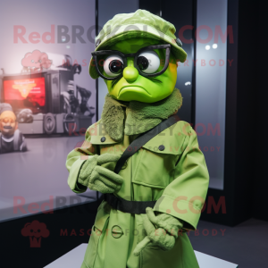 Lime Green Commando mascot costume character dressed with a Raincoat and Eyeglasses